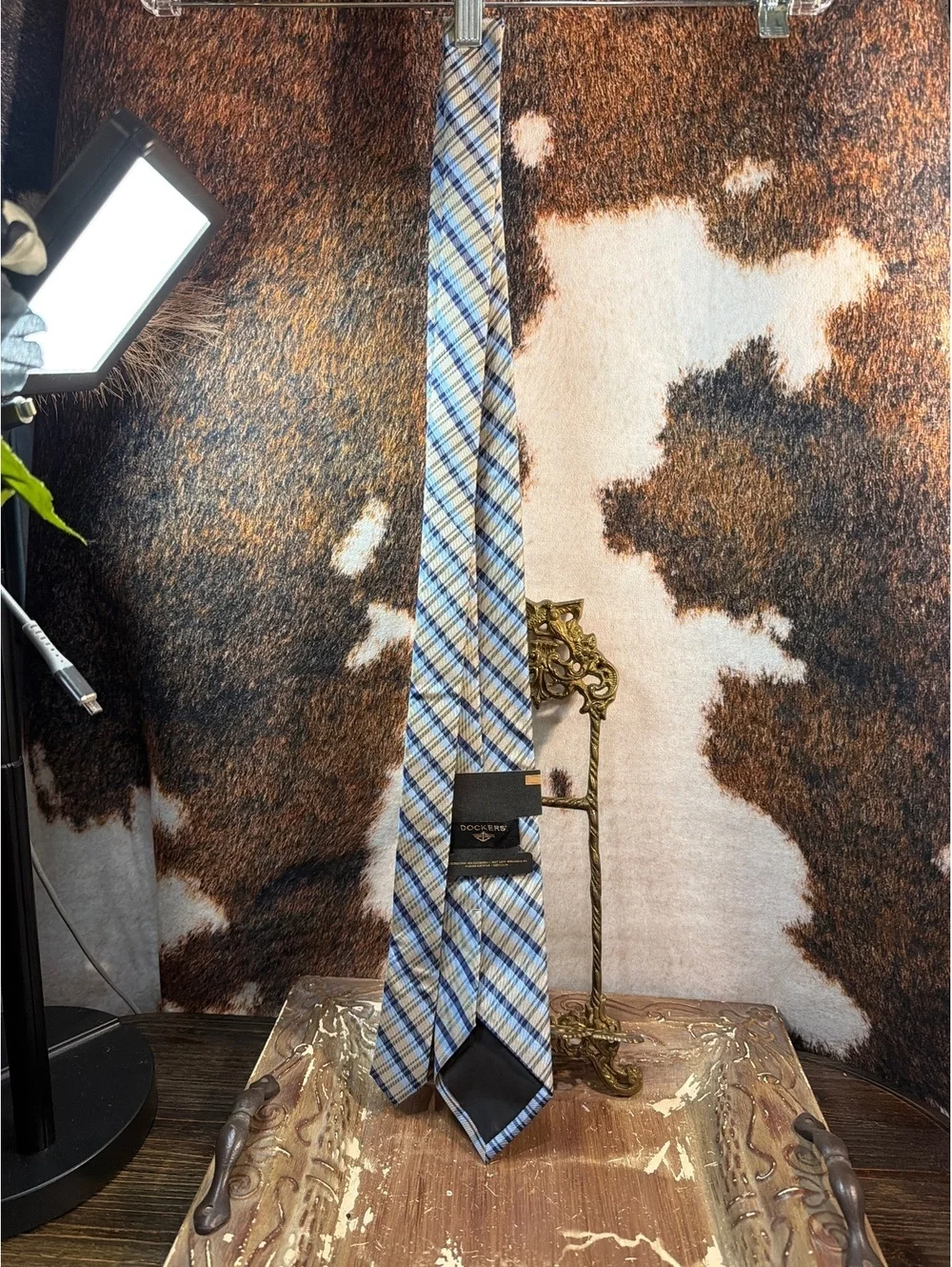 Dockers Classic Plaid Men's Tie Blue and Tan Cotton Blend